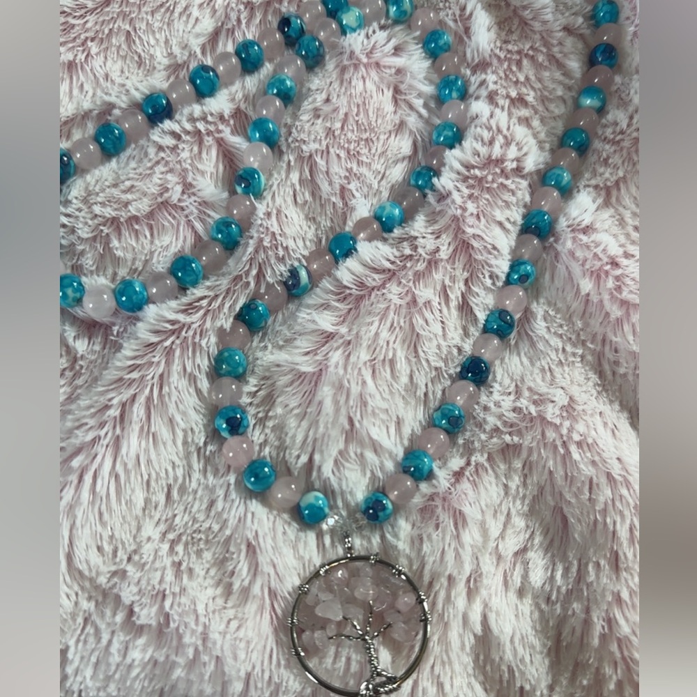 Candy Tree Necklace (Purple/ Blue Rain Flower Jade And Rose Quartz) - Picture 8 of 12